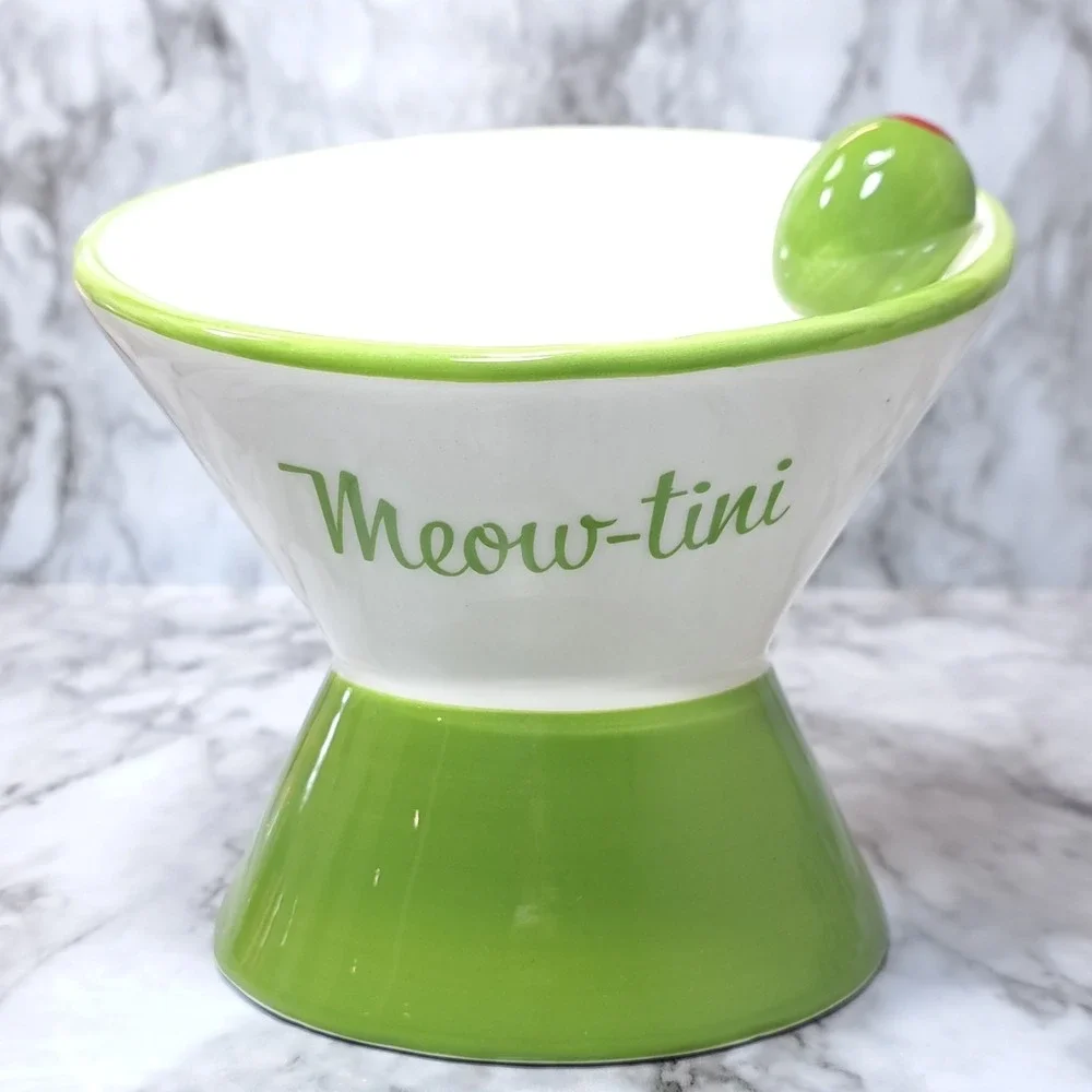 Mellow & Mod Cat Drinking Water Tall Bowl Meow-Tini Handcrafted Green/White